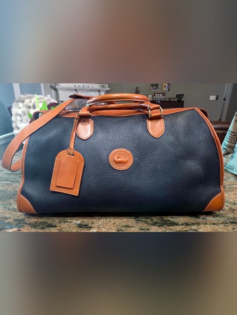 Rare Dooney & Bourke Navy Blue Pebble Leather Weekender with Brown Trim